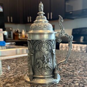 Rare German Pewter Beer Stein-4 Panels-Artist Albrecht